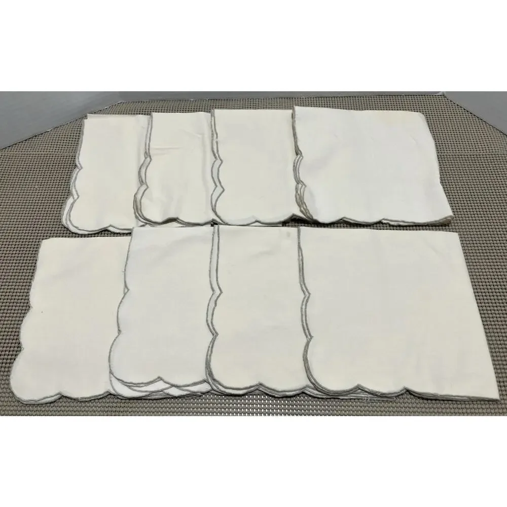 Cocktail Napkins Embroidered Scalloped Off-White Gray Silver Edge Set of 8